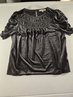 LOFT Black Velvet Short-Sleeve Ruched Yoke Top Petite XL
